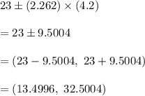 23\pm (2.262)\times (4.2)\\\\= 23\pm9.5004\\\\=(23-9.5004,\ 23+9.5004)\\\\=(13.4996,\ 32.5004)