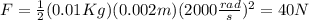 F=\frac{1}{2}(0.01Kg)(0.002m)(2000\frac{rad}{s})^2 =40N