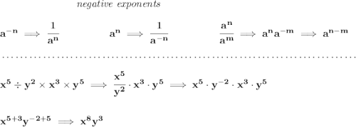 \bf ~\hspace{7em}\textit{negative exponents} \\\\ a^{-n} \implies \cfrac{1}{a^n} ~\hspace{4.5em} a^n\implies \cfrac{1}{a^{-n}} ~\hspace{4.5em} \cfrac{a^n}{a^m}\implies a^na^{-m}\implies a^{n-m} \\\\[-0.35em] ~\dotfill\\\\ x^5\div y^2\times x^3\times y^5\implies \cfrac{x^5}{y^2}\cdot x^3\cdot y^5\implies x^5\cdot y^{-2}\cdot x^3\cdot y^5 \\\\\\ x^{5+3}y^{-2+5}\implies x^8y^3