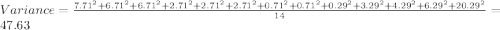 Variance = \frac{7.71^2+6.71^2+6.71^2+2.71^2+2.71^2+2.71^2+0.71^2+0.71^2+0.29^2+3.29^2+4.29^2+6.29^2+20.29^2}{14}=47.63