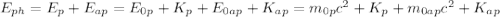 E_{ph} = E_{p} + E_{ap} = E_{0p} + K_{p} + E_{0ap} + K_{ap} = m_{0p}c^{2} + K_{p} + m_{0ap}c^{2} + K_{ap}