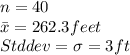 n=40\\\bar x =262.3 feet\\Std dev = \sigma= 3 ft