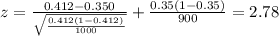 z=\frac{0.412-0.350}{\sqrt{\frac{0.412(1-0.412)}{1000}}}+\frac{0.35 (1-0.35)}{900}}}=2.78