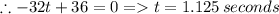 \therefore -32t+36=0=t=1.125\, seconds