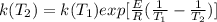 k(T_{2})=k(T_{1})exp[\frac{E}{R}(\frac{1}{T_{1}}-\frac{1}{T_{2}})]