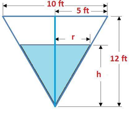 Aconical tank is 10 feet across and 12 feet deep if water is flowing into the tank at a rate of 10 c