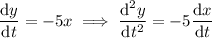 \dfrac{\mathrm dy}{\mathrm dt}=-5x\implies\dfrac{\mathrm d^2y}{\mathrm dt^2}=-5\dfrac{\mathrm dx}{\mathrm dt}