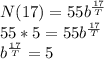 N(17)=55b^{\frac{17}{T}}\\55*5 = 55b^{\frac{17}{T}}\\b^{\frac{17}{T}} = 5