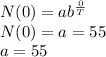 N(0)=ab^{\frac{0}{T}}\\N(0) = a = 55\\a=55