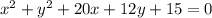 x^{2}+y^2+20x+12y+15=0