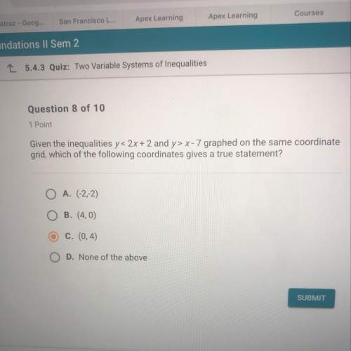 Question 8 of 10 1 point given the inequalities y&lt; 2x+2 and y&gt; x-7 graphed on the same coord