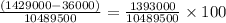 \frac{(1429000-36000)}{10489500} = \frac{1393000}{10489500}\times 100