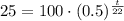 25=100\cdot (0.5)^{\frac{t}{22}}