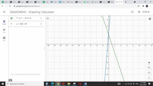 Solve the system by graphing. write the solution as an ordered pair. y = –3x + 3 y = 12x – 4