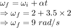 \omega_f=\omega_i+\alpha t\\\Rightarrow \omega_f=2+3.5\times 2\\\Rightarrow \omega_f=9\ rad/s