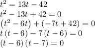 t^2=13t-42\\t^2-13t+42=0\\\left(t^2-6t\right)+\left(-7t+42\right)=0\\t\left(t-6\right)-7\left(t-6\right)=0\\\left(t-6\right)\left(t-7\right)=0