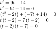 t^2=9t-14\\t^2-9t+14=0\\\left(t^2-2t\right)+\left(-7t+14\right)=0\\t\left(t-2\right)-7\left(t-2\right)=0\\\left(t-2\right)\left(t-7\right)=0