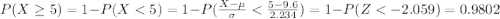 P(X\geq 5)=1-P(X