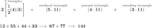 \bf \stackrel{\textit{2 triangles}}{2\left[ \cfrac{1}{2}(4)(3) \right]}~~+~~\stackrel{\textit{inclined rectangle}}{(5\cdot 11)}~~+~~\stackrel{\textit{ground rectangle}}{(4\cdot 11)}~~+~~\stackrel{\textit{standing rectangle}}{(3\cdot 11)} \\\\\\ 12+55+44+33\implies 67+77\implies 144