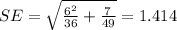 SE= \sqrt{\frac{6^2}{36}+\frac{7^}{49}}=1.414