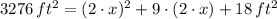 3276\,ft^{2} = (2\cdot x)^{2} + 9\cdot (2\cdot x) + 18\,ft^{2}