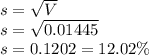 s = \sqrt{V} \\s= \sqrt{0.01445}\\s=0.1202 = 12.02\%