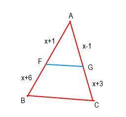 Triangle a b c is cut by line segment f g. line segment f g goes from side a b to side a c. the leng