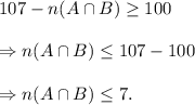 107-n(A\cap B)\geq 100\\\\\Rightarrow n(A\cap B)\leq 107-100\\\\\Rightarrow n(A\cap B)\leq 7.