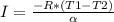 I=\frac{-R*(T1-T2)}{\alpha}