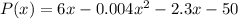 P(x) = 6x - 0.004x^2 - 2.3x - 50