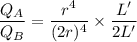 \dfrac{Q_A}{Q_B}=\dfrac{r^4}{(2r)^4}\times \dfrac{L'}{2L'}