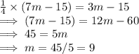 \frac{1}{4} \times (7 m -15)  = 3m -15\\ \implies (7m - 15)  = 12  m - 60\\\implies 45 = 5 m \\\implies  m = 45/5 = 9