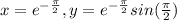 x=e^{-\frac{\pi}{2}}, y=e^{-\frac{\pi}{2}}sin(\frac{\pi}{2})