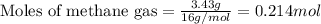 \text{Moles of methane gas}=\frac{3.43g}{16g/mol}=0.214mol