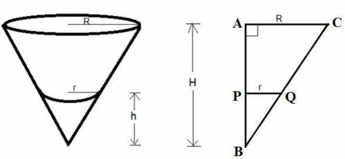 Aconical paper cup is 10 cm tall with a radius of 10 cm. the cup is being filled with water so that