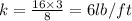 k=\frac{16\times 3}{8}=6 lb/ft