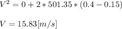 V^{2}=0 + 2*501.35*(0.4-0.15)\\ \\V= 15.83[m/s]