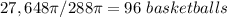 27,648\pi/288\pi=96\ basketballs