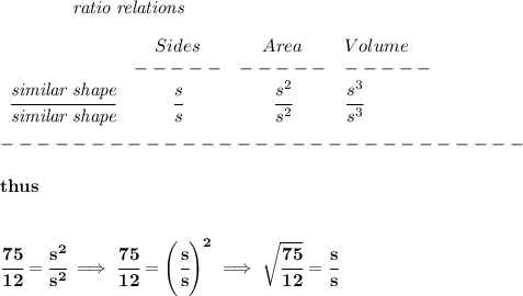 \bf \qquad \qquad \textit{ratio relations}&#10;\\\\&#10;\begin{array}{cccllll}&#10;&Sides&Area&Volume\\&#10;&-----&-----&-----\\&#10;\cfrac{\textit{similar shape}}{\textit{similar shape}}&\cfrac{s}{s}&\cfrac{s^2}{s^2}&\cfrac{s^3}{s^3}&#10;\end{array}\\\\&#10;-----------------------------\\\\&#10;thus&#10;\\\\\\&#10;\cfrac{75}{12}=\cfrac{s^2}{s^2}\implies \cfrac{75}{12}=\left( \cfrac{s}{s} \right)^2\implies \sqrt{\cfrac{75}{12}}=\cfrac{s}{s}&#10;\\\\\\&#10;