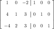 \left[ \begin{array}{ccc|ccc}1&0&-2&1&0&0 \\\\ 4&1&3&0&1&0 \\\\ -4&2&3&0&0&1\end{array}\right]