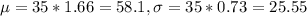 \mu = 35*1.66 = 58.1, \sigma = 35*0.73 = 25.55