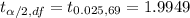 t_{\alpha/2,df}=t_{0.025,69}=1.9949