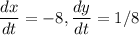 \dfrac{dx}{dt} = -8,\dfrac{dy}{dt} = 1/8\\