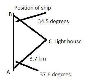 Aship is sailing due north. at a certain point, the bearing of a lighthouse 3.7 km away is n37.6degr