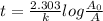 t=\frac{2.303}{k}log\frac{A_0}{A}