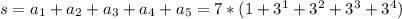 s=a_{1}+a_{2}+a_{3}+a_{4}+a_{5}=7*(1+3^1+3^2+3^3+3^4)