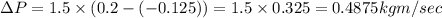 \Delta P=1.5\times (0.2-(-0.125))=1.5\times 0.325=0.4875kgm/sec