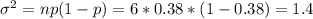 \sigma^2 = np(1-p) = 6*0.38*(1-0.38)=1.4