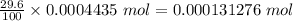 \frac{29.6}{100}\times 0.0004435\ mol=0.000131276\ mol