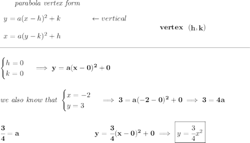 \bf ~~~~~~\textit{parabola vertex form} \\\\ \begin{array}{llll} y=a(x- h)^2+ k\qquad \qquad \leftarrow vertical\\\\ x=a(y- k)^2+ h \end{array} \qquad\qquad vertex~~(\stackrel{}{ h},\stackrel{}{ k}) \\\\[-0.35em] \rule{34em}{0.25pt}\\\\ \begin{cases} h=0\\ k=0 \end{cases}\implies y=a(x-0)^2+0 \\\\\\ \textit{we also know that } \begin{cases} x=-2\\ y=3 \end{cases}\implies 3=a(-2-0)^2+0\implies 3=4a \\\\\\ \cfrac{3}{4}=a~\hspace{10em}y=\cfrac{3}{4}(x-0)^2+0\implies \boxed{y=\cfrac{3}{4}x^2}